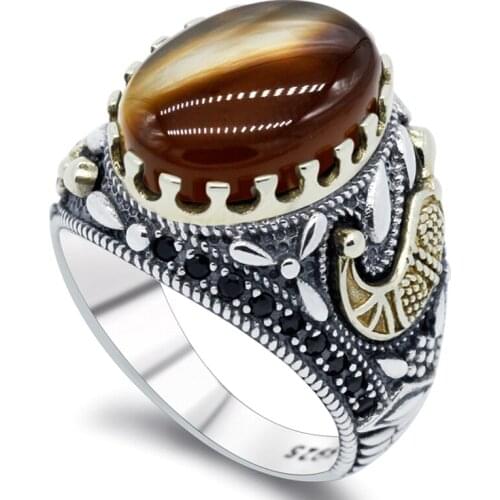 925 sterling silver brown marine agate ring for men and women with spinel Turkish handmade jewelry ring