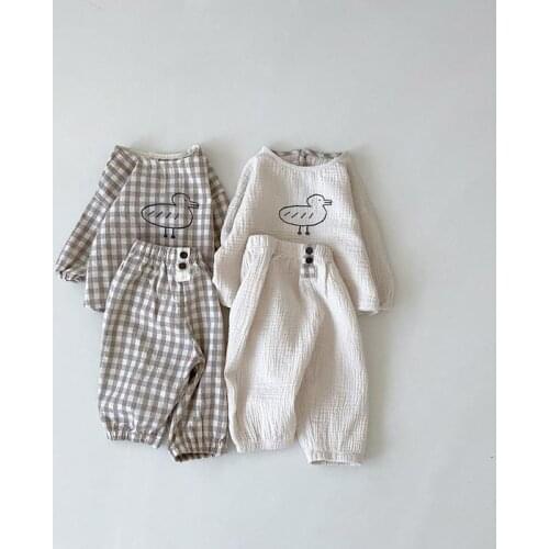 2021 New Baby Clothes Set Spring Korean Japan Styles Grid Lattice Duck Top Shirt + PP Pant 2pcs Toddler Clothes Sets Clothing