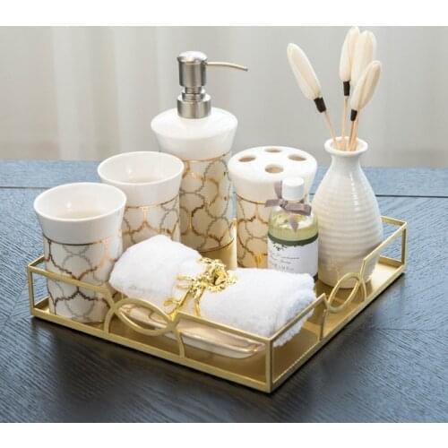 Bathroom Accessories Set Ceramic Toothbrush Holder Soap Dispenser Gargle Cup Soap Dish With Square Tray Wedding Gifts 6 Pieces