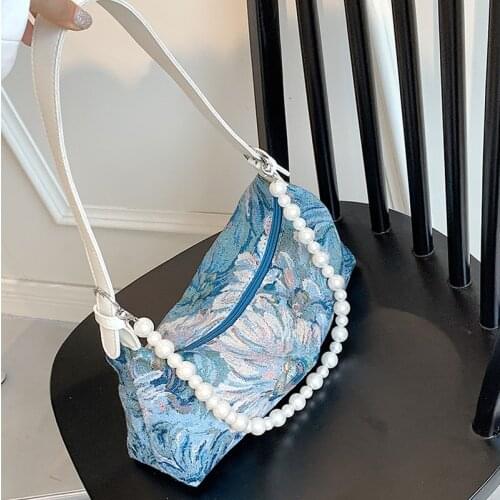 New Armpit Baguette Bags for Women 2021 Fashion Oil Painting Printed Purses and Handbags Designer Lady Pearl Totes Shoulder Bag