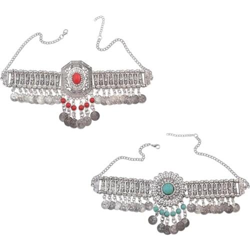 Oxidized Indian Silver Color Coin Tassel Bib Statement Necklace for Women Turkish Gypsy green stone Necklace Party Afghan Jewelr