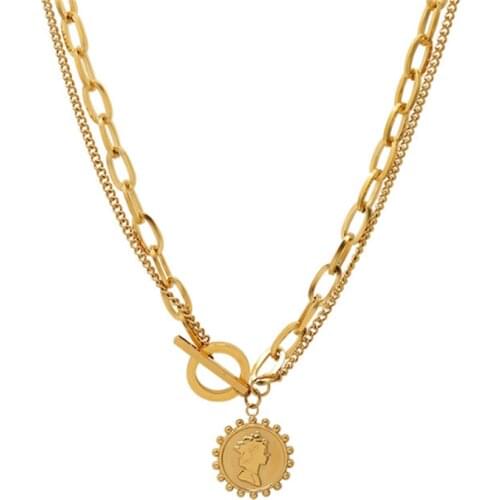 316L Stainless Steel Queen Elizabeth Retro Double Round Brand Portrait Titanium Steel Necklace No Fade