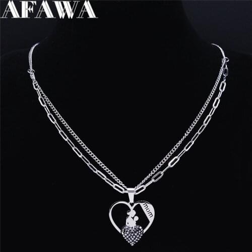 Stainless Steel Crystal Heart Mama Baby Silver Color Necklace Women Necklace Family Jewelry accesorios mujer N4819S01