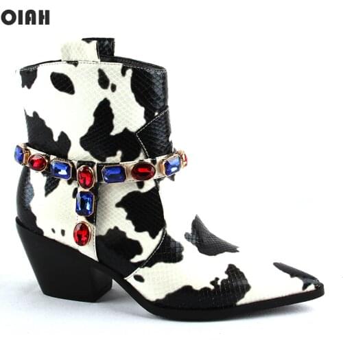 Mixed Colors PU Leather Cowboy Ankle Boots Women Crystals Buckle Designer Wedge High Heel Bootie Pointed Toe Western Short Boots