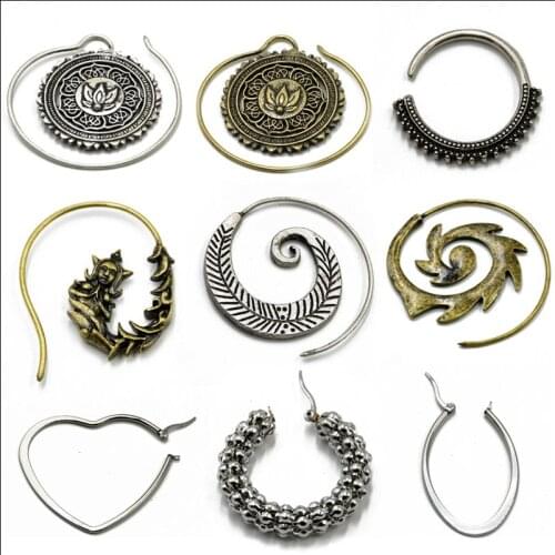 PAIR NEW Arrival Tribal Spiral Mandala Flower Vintage Surya Leaf Ear Hoop Earrings Heart Dew Drop Ear Weights Piercing Jewelry