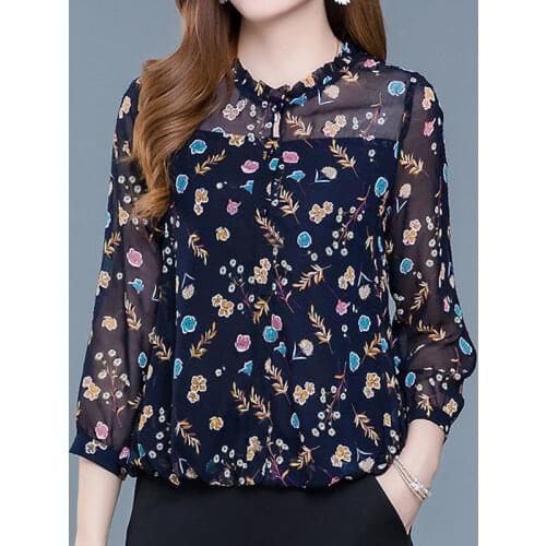 Chiffon Women Summer Print Stand-Up Collar Casual Blouses Shirts Fashion All-Match Nine Points Sleeve Tops Blusas MM0330