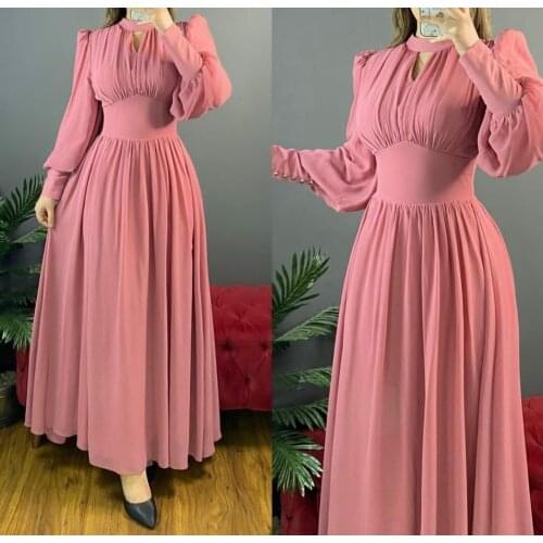 Elegant A-Line Long Sleeve V-Neck Chiffon Prom Dresses with Pockets Robe De Soiree Floor Length Zipper Back Formal Party Gowns