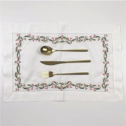 Table Cloth White Hemstitch Linen Table Runner /Placemats with embroidered Floral for elegant lunch or dinner 14x20 inch