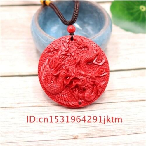 Jewellery Woman Dragon Phoenix Pendant Organic Amulet Gifts Chinese Cinnabar Fashion Men Hand Natural Carved Charm Necklace Red