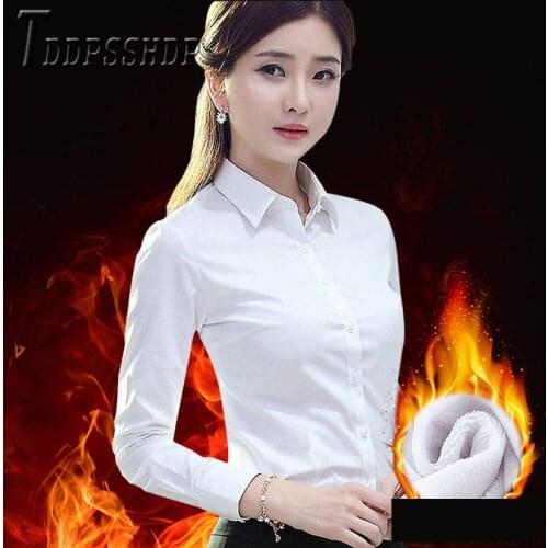2019 Autumn Winter Office Lady Women Blouse Warm Lining With Fluff Female Blouses