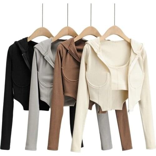 Women Strethy Hood Jacket Casual Fashion Sling Crop Vest Long Sleeve Zipper Jacket 2021 Autumn Streetwear Solid Women Jackets