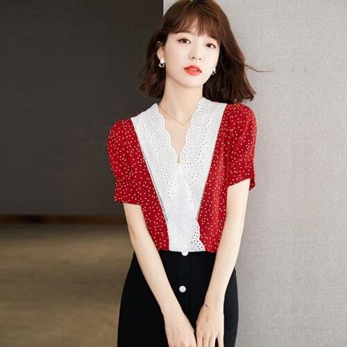 Womens Top Chiffon Polka Dot Print Shirt Summer Fashion Short Sleeve V-neck Top Blusas