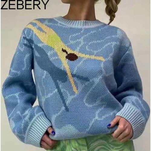 ZEBERY Autumn Winter Wave Print Sweater Women Round Neck Loose Long Sleeve Jacquard Knitted Pullover Female Casual Jumpers Top