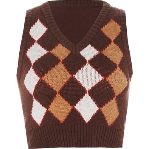 Women Brown Argyle Knitted Vest Vintage V-Neck Sleeveless Slim Cropped Sweater F3MD