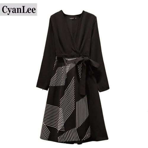 Cyanlee plus size office ladies dress autumn deep v neck striped patchwork long sleeve A-line dresses for women elegant vestidos