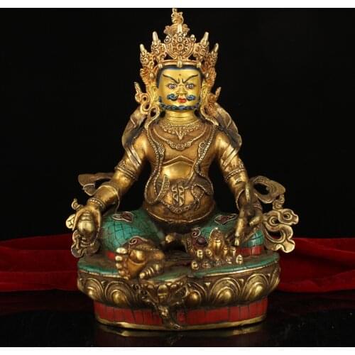13"Tibet Buddhism Old Bronze Gem Painted outline in gold Huang Caishen Buddha statue Tantra Protector Enshrine the Buddha