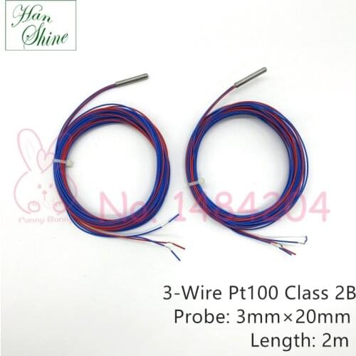 3 Wire Pt100 Temperature Sensor Waterproof Stainless Steel Probe 3mm * 20mm 2 Meter High Temperature Cable Up to 250 Degrees