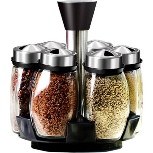 7Pcs/Set Rotating Stainless Steel Cruet Condiment Spice Jars Set Salt And Pepper Shakers Seasoning Sprays Spice Jar Kitchen Tool