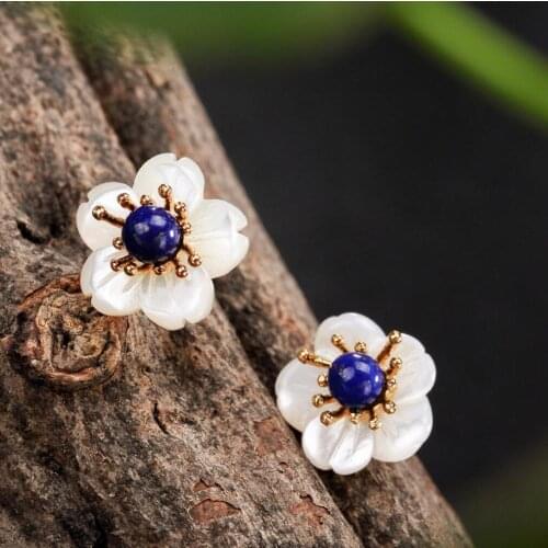 925 Sterling Silver Lapis Lazuli Mother of Pearl Flower Post Stud Earrings Jewelry A1060