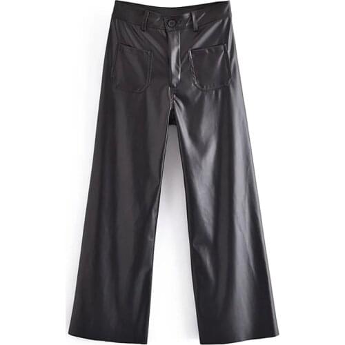 TRAF Za Black Faux Leather Pants Women Wide Leg Pants Woman High Waist Baggy Trouser Vintage Button Streetwear Women Trouses