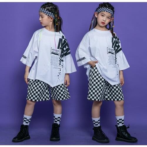 Kid Hip Hop Clothing Graphic Tee Long Oversized T Shirt Top Streetwear Checkered Pants Shorts for Girl Boy Dance Costume Clothes