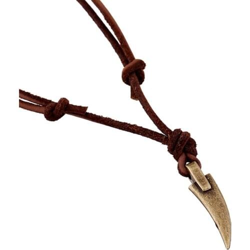 Long Casual Brown Genuine Leather Rope Sweater Chains Punk Vintage Bronze Spike Pendant Men Necklace Women Femme Homme Jewelry