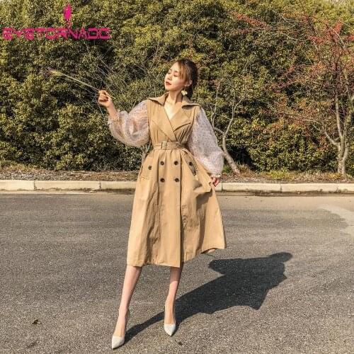 Korean Style Long Trench Women Spring Double Breasted Casual Work Office Trench Coat Mesh Puff Sleeve Skirt Trenches Overcoat