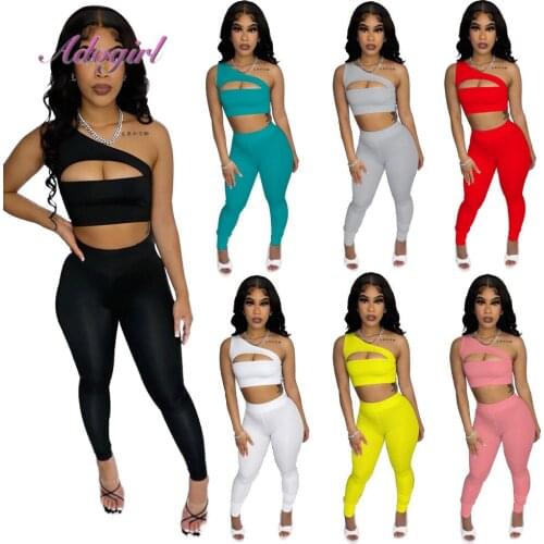 Fitness Summer Sportwear Tracksuit Solid One Shoulder Cut Out Crop Top Legging Sweatpants Suit Outfit Bikers Yaga Two Piece Sets