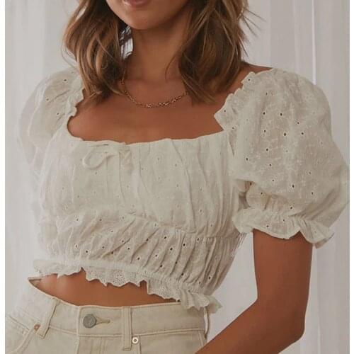 Jastie 2021 Casual Vintage Women Tops Square Neck Hollow Lace Puff Sleeve Short Sleeve Ladies Top Summer Prom Top White Blouses