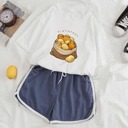 Kawaii Pajama Set Potato Guinea Pig Print Nightwear Sleepwear Two Piece Set Women Sleepwear Women Shorts Summer Night Shorts