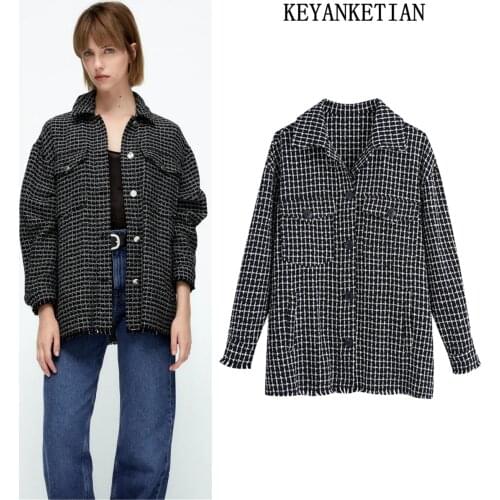 KEYANKETIAN Za Womens Check Textured Shirt Jacket Jacket Pocket Ladies Autumn Casual Loose Fashion Top