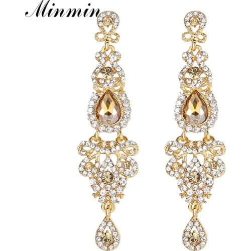 Minmin Champagne Crystal Wedding Drop Earrings Luxury Bridal Chandelier Earrings Wedding Engagement Jewelry for Women EH162