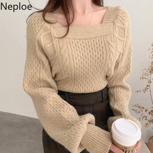 Neploe Fashion Sweater Women Vintage Elegant Knitted Pullovers Square Collar Lantern Sleeve Jumper Tops 2021 Vintage Pull Femme