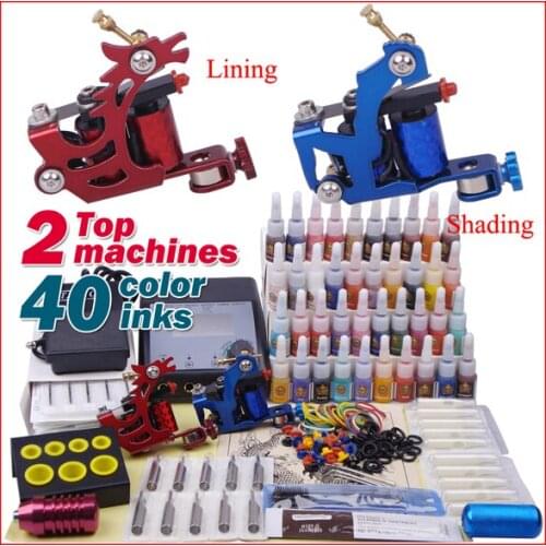 Professional Tattoo Kit 2 Tattoo Gun Machine for lining and one for shading 40 Colors Inkscup holder rips Tip for Body Art