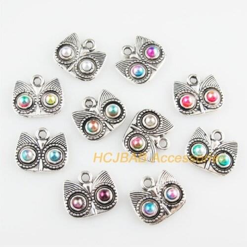 20 New Owl Birds Charms Mixed Acrylic Animal Pendants Tibetan Silver Tone 13x15mm