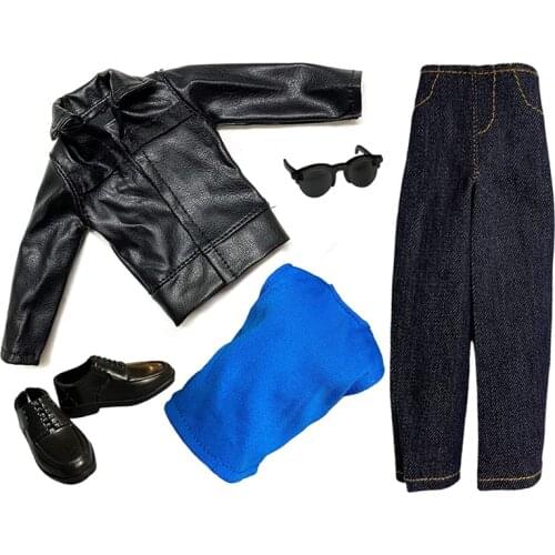 One Set of Black Jacket Jeans Outfits Set for 1/6 Ken Doll Clothes with Glasses Accessories Dollhouse Role Play