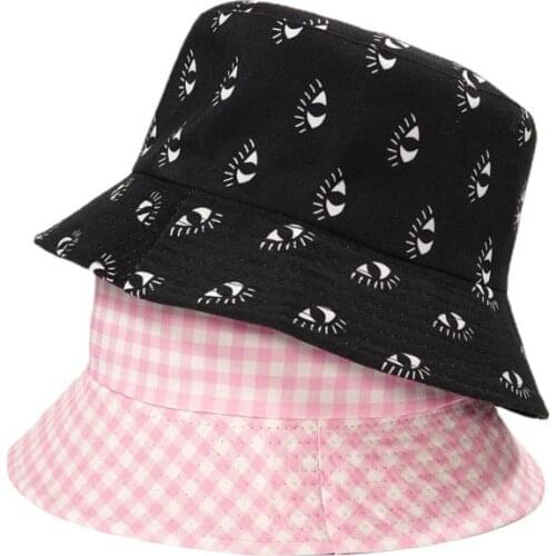 Eye Print Cotton Bucket Hat Women Men Fisherman Hat Pink Plaid Outdoor Travel Hat Sun Cap Hats Female
