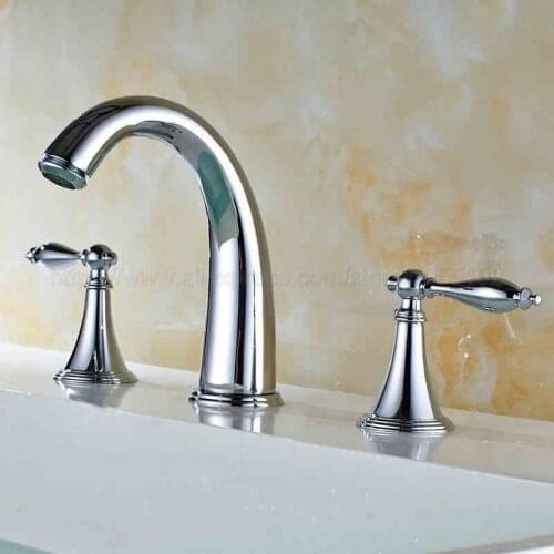 Polished Chrome 3 Hole Double Handle Brass Basin Sink Mixer Tap Widespread Bathroom Basin Faucet znf433