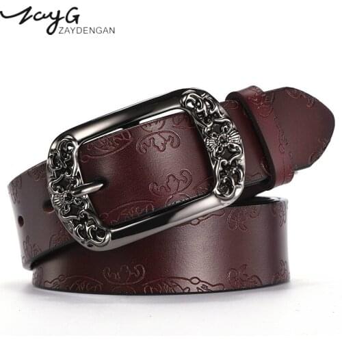 ZAYG Belt New Designer Fashion Womens Belts Genuine Leather Brand Straps Female Waistband Pin Buckles Fancy Vintage for Jeans