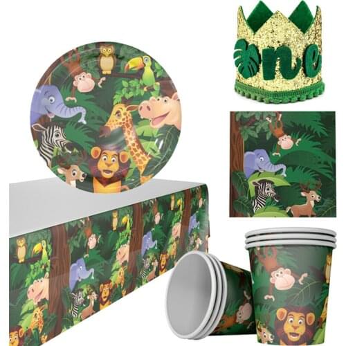 Happy Birthday Tableware Baby Shower Decor Supplies Kids Favor One Year Forest Animals Jungle Safari Party Decoration xx240