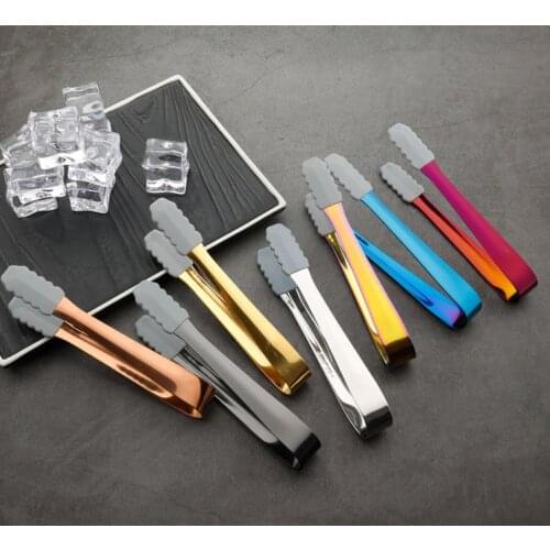 Silicone Stainless Steel Ice Tongs Kitchen Bar Tools With Smooth Edge Coffee Sugar Clip Mini Ice Cube Clamp Clips SN1073