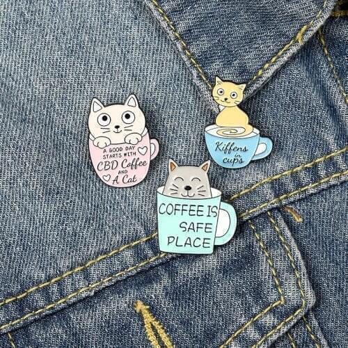 New style coffee cup coffee pot brooch cat pin enamel alloy animal cat badge