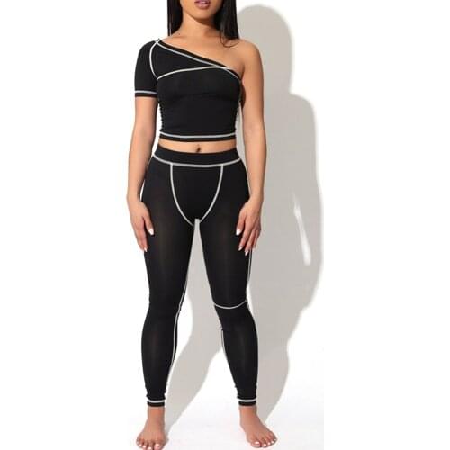 Sporty Fashion Active Wear Black Fitness Tracksuits One Shoulder 2 Piece Set Women Workout Crop Top And Leggings Yoga Sets