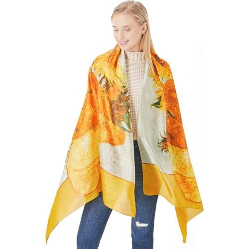 Spring Silk Scarves for Women Digital Print Sunflower Shawls Foulard Femme Luxury Designer Wraps Van Gogh Oil Paint Hijab Scarf