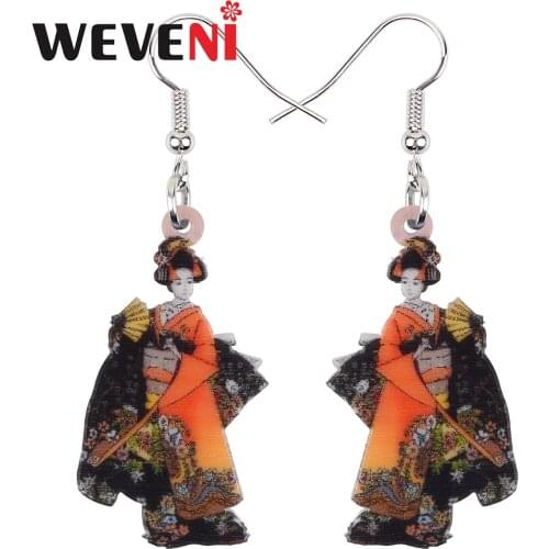 WEVENI Acrylic Sweet Japan Fan Kimono Girl Doll Earrings Big Long Drop Dangle Fashion Charm Gifts Unique Jewelry For Women Girls