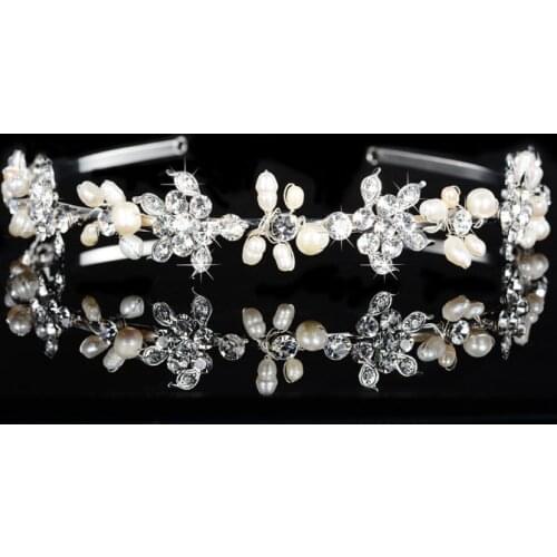 SLBRIDAL Art Deco Alloy Rhinestone Crystal Pearls Wedding Tiara Headband Bridal Hair Accessories Bridesmaids Princess Women