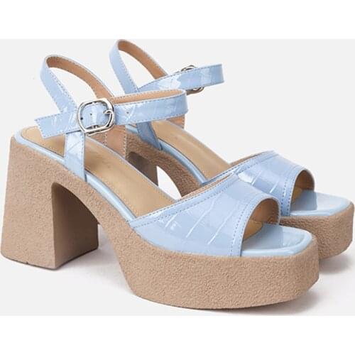 MUMANI Woman‘s 2021 New Modern Sandals Square Heel Genuine Leather Buckle Strap Hollow Pumps Platform Super High Lady Footwear