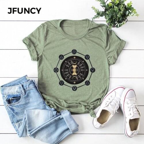 JFUNCY Gothic Graphic Print Plus Size Short Sleeve Woman Tshirts Women T shirt Casual Loose T-shirt Summer Tees 100% Cotton Tops