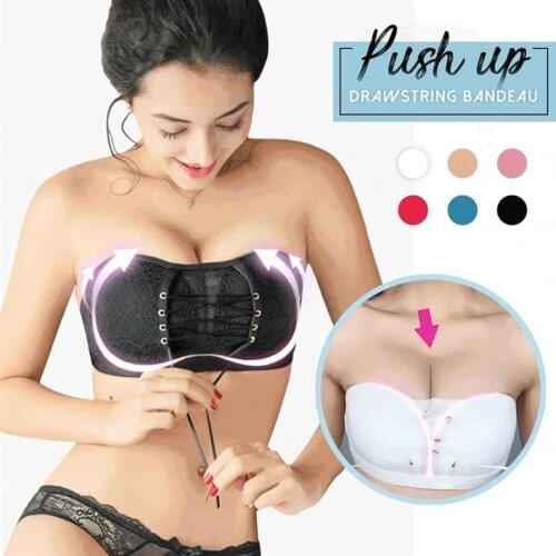2Pcs Sexy Strapless Bra WomenS Thin Lace Strapless Drawstring Bandeau Push-Up Bra Bandage Lingerie Adjustable Bralette Bras #35