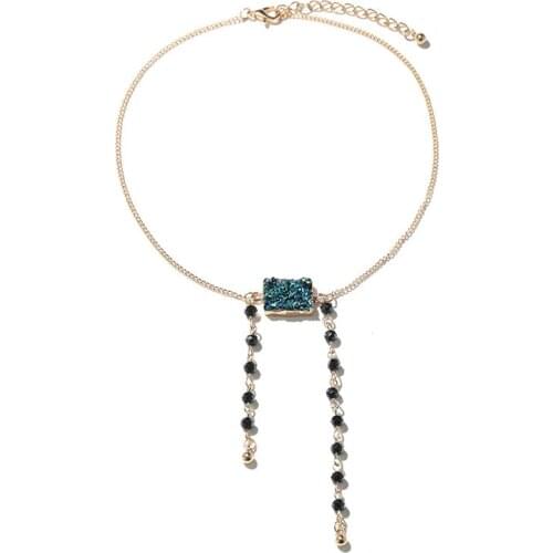 Exquisite Square Natural Stone Tassel Pendant Necklace Fashion Single Layer Black Bead Gold Choker Bohemian Womens Jewelry